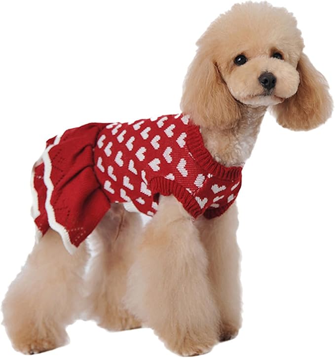 Lovely Heart Pattern Designs Dog Sweater Dress for Valentines Day Small Pet Winter Knitwear Birthday Gift Supply Knitdress