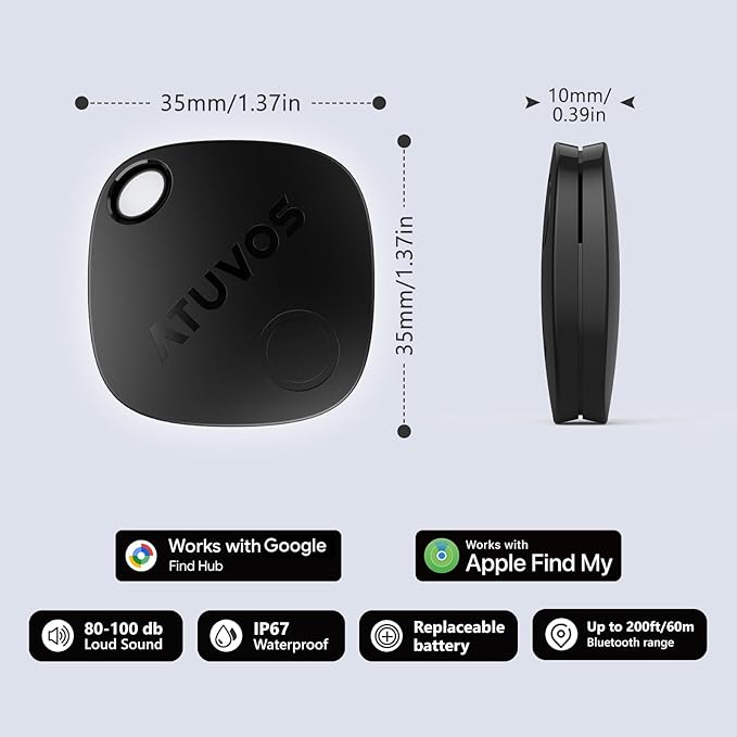 ATUVOS 2025 New Upgraded Dual System Air Tracker Tag-1 Pack, Compatible with iOS Apple Find My & Android Google Find Hub APP (Not for Huawei), Bluetooth Tracker for Keys, Luggage, Backpacks, Suitcases
