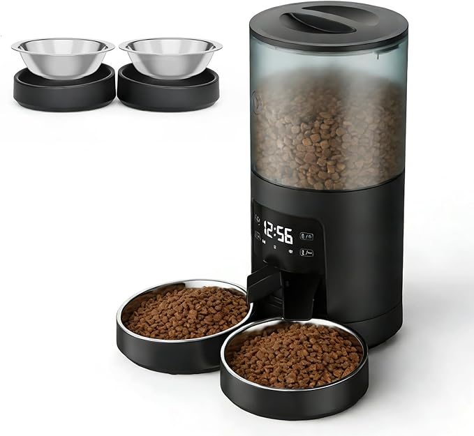 NEWBULIG Automatic Cat Feeder for 2 Cats, 6L Timed Pet Feeders with 10s Voice Recorder, Dog Food Dispenser, Dry Food, 6 Meals, Programmable 50 Portions, Dual Power Supply