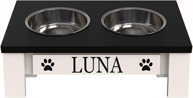 GTW Classic Tilted Elevated Dog Feeder – Angled Wood Stand with Stainless Steel Bowls for Short-Nose Dogs, Anti-Slip Farmhouse Design (Tilted, Black)
