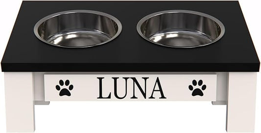 GTW Classic Tilted Elevated Dog Feeder – Angled Wood Stand with Stainless Steel Bowls for Short-Nose Dogs, Anti-Slip Farmhouse Design (Tilted, Black)