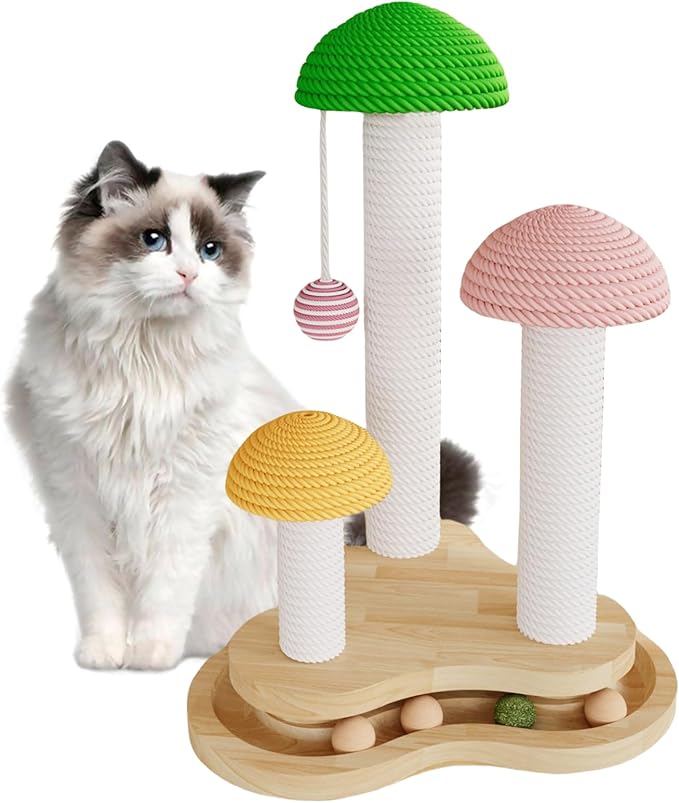 Cat Scratching Post,Mushroom Forest Cat Scratcher with Natural Sisal&Hanging Toy Ball-Durable Kitten Supplies & Adult Cat Furniture Protector(11.80"×11.80"×17.32")