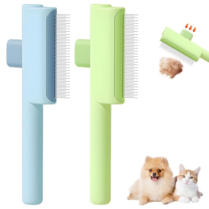 Pet Hair Removal Comb Flea Comb, 2025 New Cat Grooming Brush with Release Button, for Massaging and Cleaning Shedding Pets Hairs, De-Shedding Cat Brush for Short and Long Hair Cats (Blue+Green)