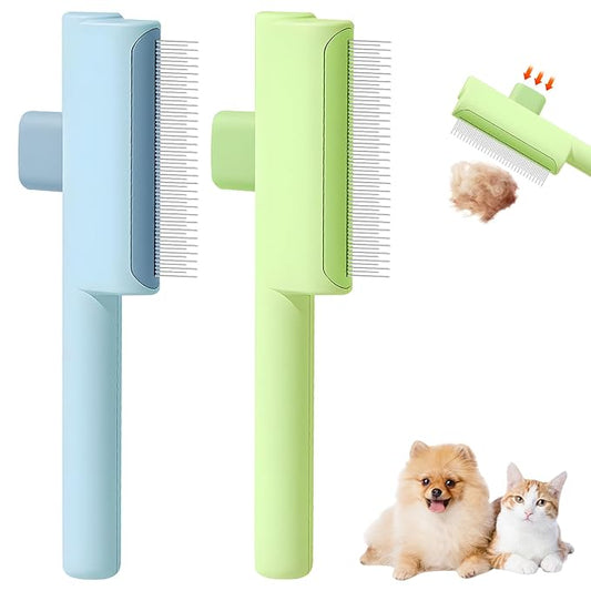 Pet Hair Removal Comb Flea Comb, 2025 New Cat Grooming Brush with Release Button, for Massaging and Cleaning Shedding Pets Hairs, De-Shedding Cat Brush for Short and Long Hair Cats (Blue+Green)