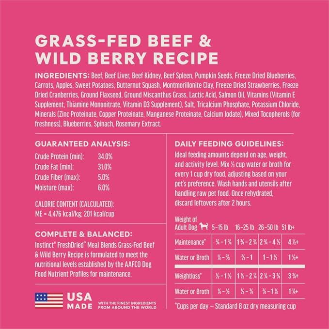 Instinct FreshDried Meal Blends, Freeze Dried Dog Food, Grain Free - Beef & Wild Berries Blend, 3 oz. Bag