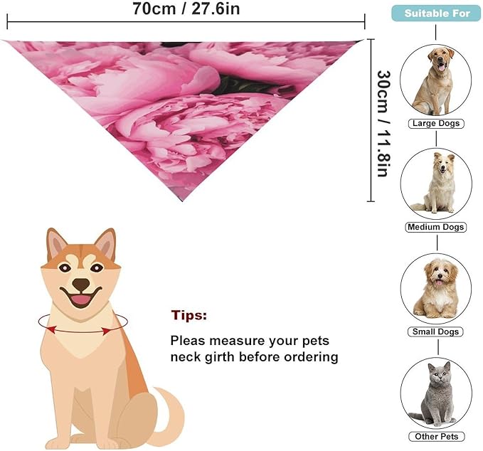 Dog Bandana Spring Pet Scarf Adjustable Triangle Pink Peony Printing Dog Bib Washable Polyester Puppy Bandana for Small Medium Large Dogs Cat Birthday Party Supplies
