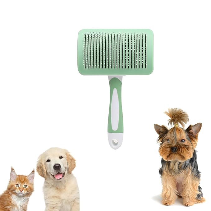 Dog Brush, Self Cleaning Shedding Brush - Skin Friendly Grooming Tool for Dogs, Cats, and Puppies, Deshedding and Hair Removal for Long and Short Haired Pets, Green