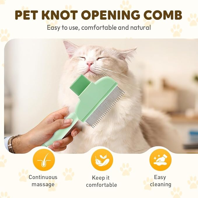 Self Cleaning Pet Hair Removal Comb, Pet Comb with Long Short Stainless Steel Metal Teeth, Cat Grooming Brush, Pet Grooming Supplies for Cat, dog (Green)