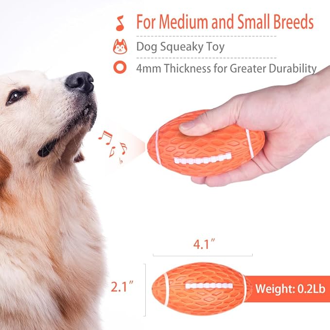 AUSCAT 2PCS Squeaky Dog Football Toy, Dog Chew Toy, Tough Rubber Dog Ball for Small Medium Dogs, Green and Orange, Small Size, 4.1''