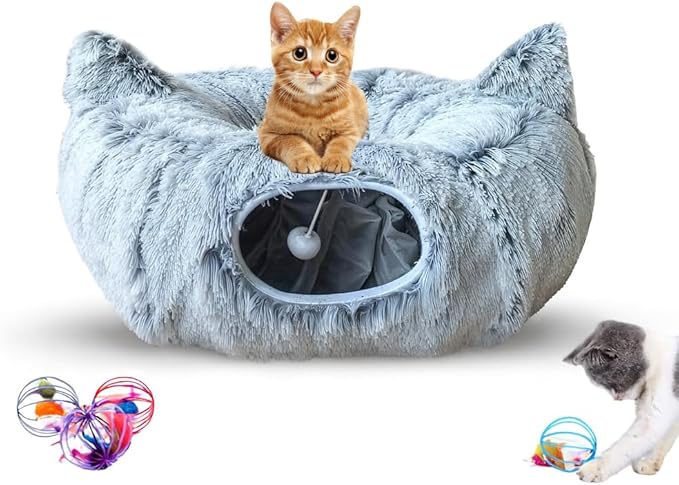 Cat Donut Tunnel Bed with 3pcs Mouse Ball Toy - Cat Tunnel for Under Christmas Tree & Cat Tunnel Bed Cave - Soft cat cave Bed – 3-in-1 Cat Tunnels for Indoor Cats, Kittens, Puppies, Rabbits (Grey)