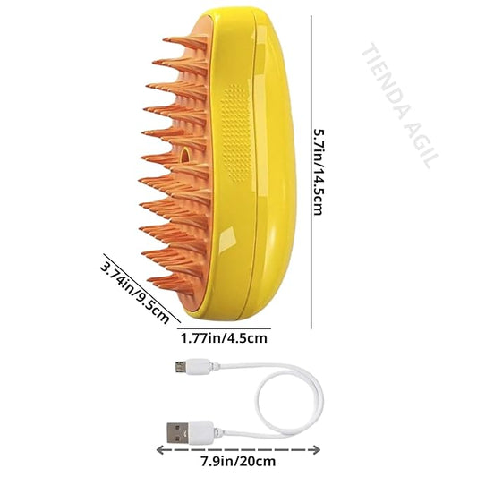 Hair Brush for Pets with Steam Function, Soft Rubber Bristles, Water or Essential Oil Reservoir, Non-Slip Grip, Easy Cleaning, for Dogs and Cats (Yellow)