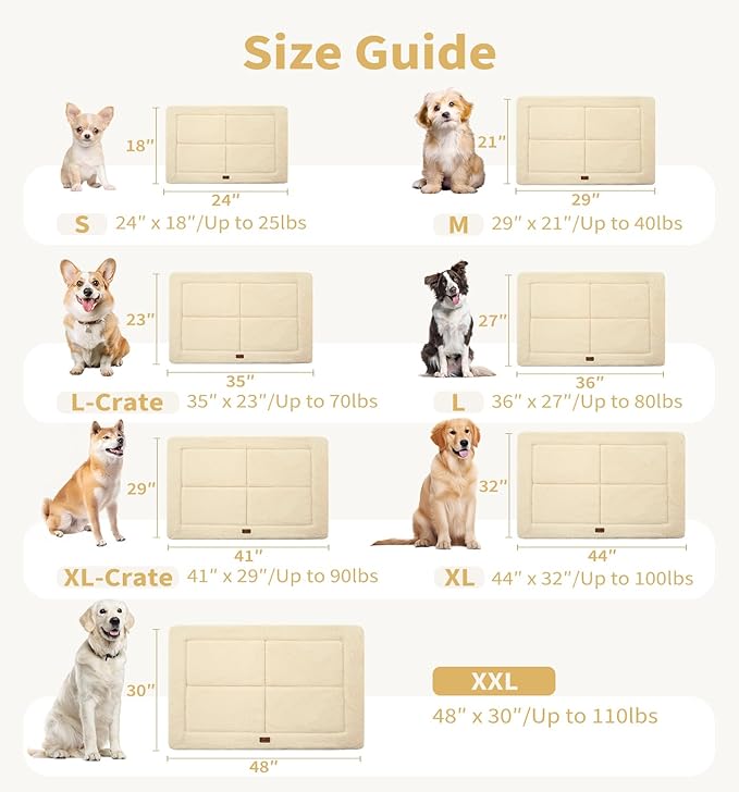 Made4Pets Dog Crate Pad Bed for Large Dogs, Washable & Reversible, Anti-Slip Kennel Mat for Cozy Sleeping, Soft Fluffy Dog Bed for Indoor & Outdoor Use, 44"x32", Beige
