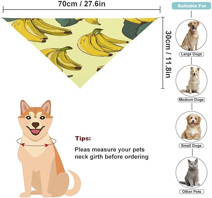 Dog Bandana Spring Pet Scarf Adjustable Triangle Banana Print Printing Dog Bib Washable Polyester Puppy Bandana for Small Medium Large Dogs Cat Birthday Party Supplies