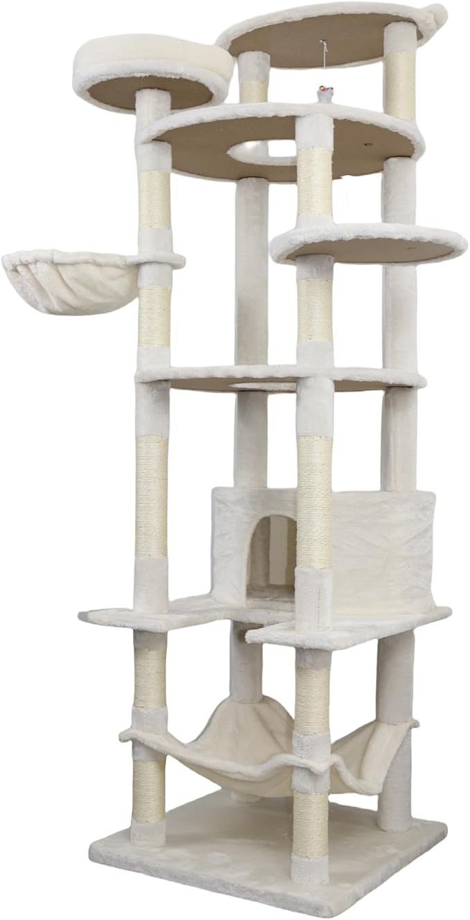 78.8 Inches Cat Tower for Indoor Cats, Cute Cat Tree with Cozy Condo, Platform, Hammock, Sisal Scratch Board and Interactive Toy (Beige)