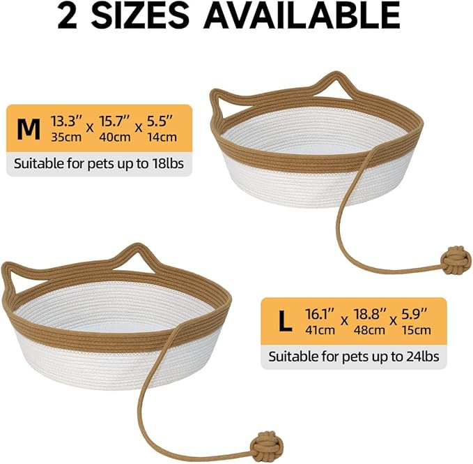 Cotton Rope Cat Bed, Foldable Sleeping Basket with Playing Rope Ball, Hand Woven Small Dogs Sofa Bed, Kitten Shaped House for Pets (Medium, Brown & Beige)