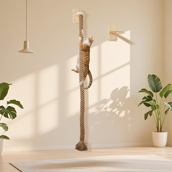 Cat Scratching Post Wall-Mounted Cat Ladder, Cat Tree with Durable Climbing Rope & Space-Saving Cat Furniture for Indoor Cats - Easy Installation & Sturdy Design