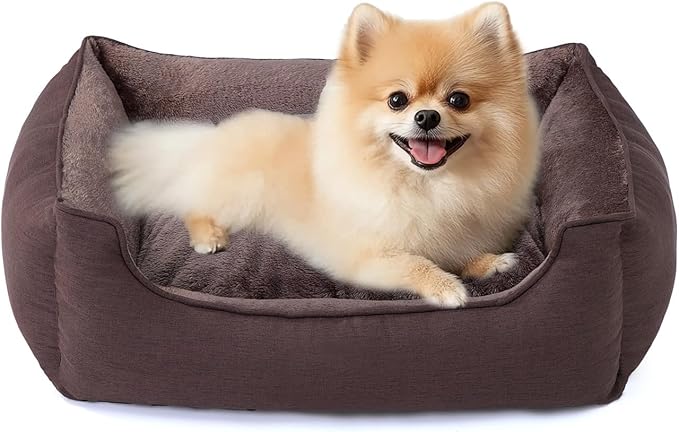 Makigued Rectangle Small Dog Bed with Removable Washable Cover Pet Bed with Bolster Sides Non-Slip Bottom Pet Sofa Waterproof Lining Durable Pet Cuddler, Dark Brown, 21x 16x 6.3 in