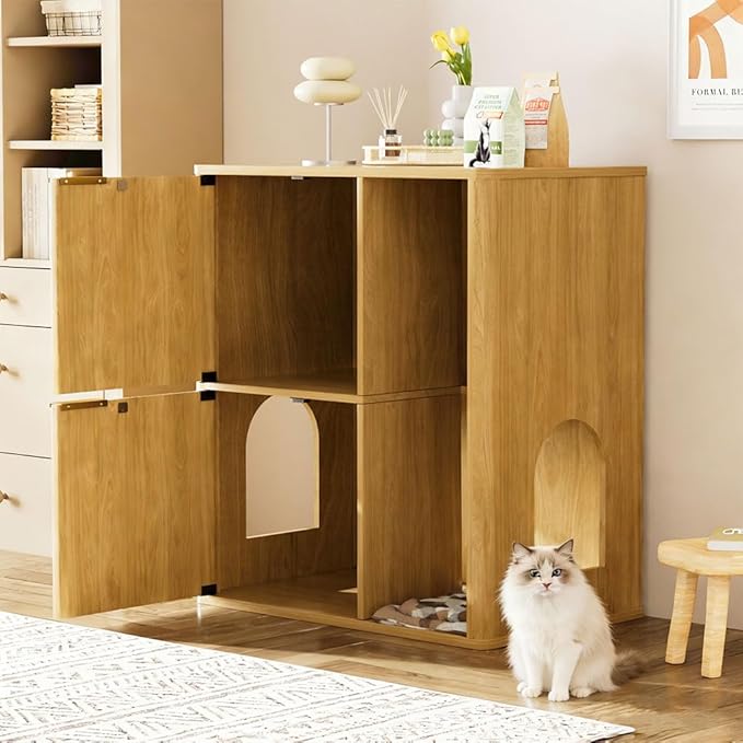 Cat Litter Box Enclosure Furniture, 2 Storey Hidden Litter Box Cabinet with Scratching Post & Storage Shelf, Fluted Modern Litter Box Enclosure for Living Room, Bedroom,Natural