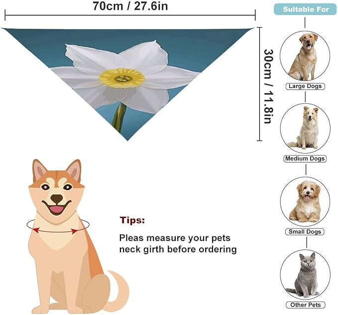 Dog Bandana Spring Pet Scarf Adjustable Triangle White Daffodil Printing Dog Bib Washable Polyester Puppy Bandana for Small Medium Large Dogs Cat Birthday Party Supplies