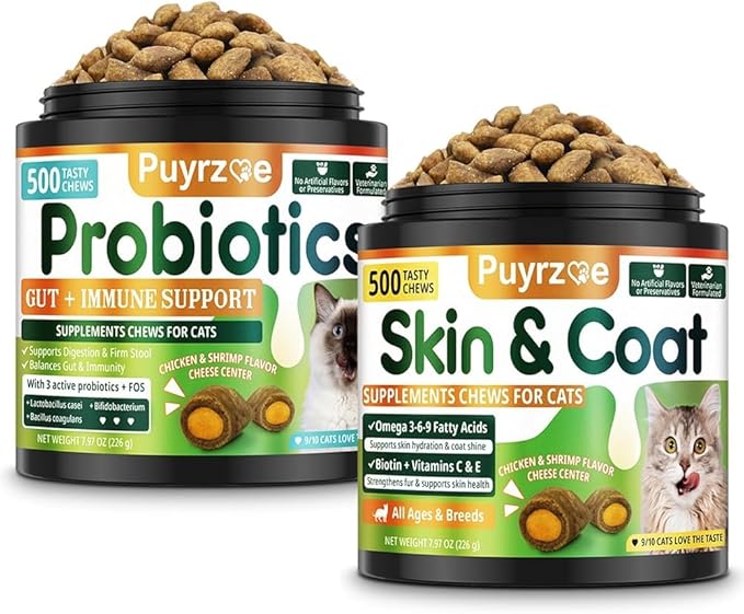 Cat Skin & Coat + Probiotics - 500 Chews Crunchy & Creamy Cheese Core with Omega-3, Vitamins C & E, Biotin for Skin Hydration - Coat Shine, Digestive & Immune Support for All Cats