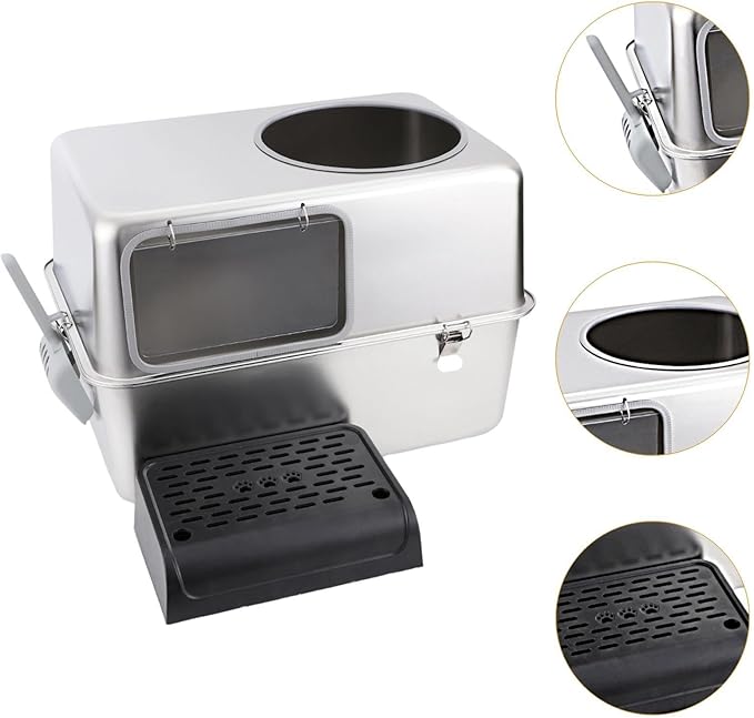 Hooded Cat Litter Box with Lid & Front Door Flap Stainless Steel Portable Pet Litter Tray Kitten Potty- with Pedal