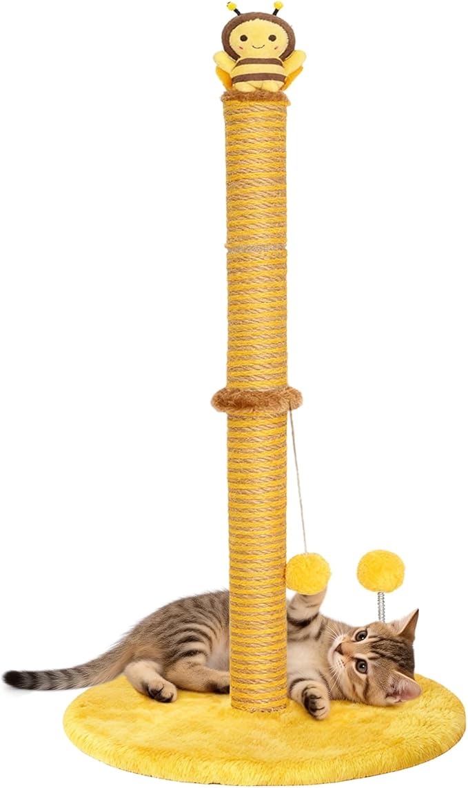 Bee Cat Scratching Post, 36" Tall Cat Scratcher for Indoor Cats - Modern Sisal Scratch Post with Dangling Ball & Plush Toys for Kittens and Adult Cats