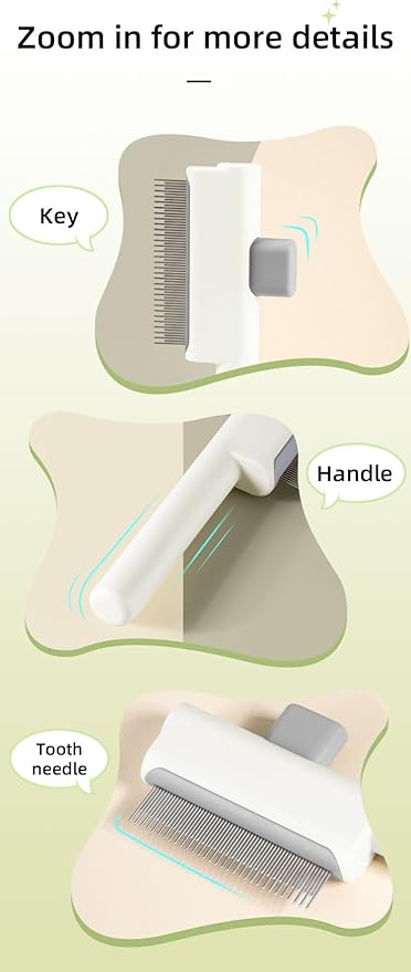 Cat Shedding Comb for Long Matted Hair, Cat Flea Comb for Indoor Cats or Dogs, Release Button Self-Cleaning Pet Combs, Long & Short Stainless Steel Metal Teeth, White