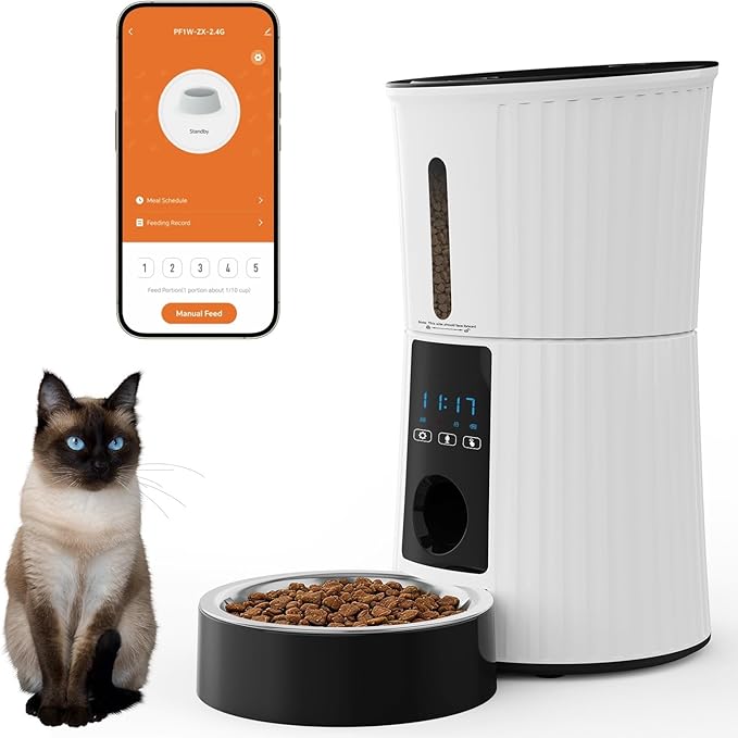 NEWBULIG Automatic Cat Feeder, 4L Timed Pet Feeders with 10s Voice Recorder, Dog Food Dispenser with APP Control, Dry Food, 10 Meals, Programmable 50 Portions, Dual Power Supply, Desiccant Bag