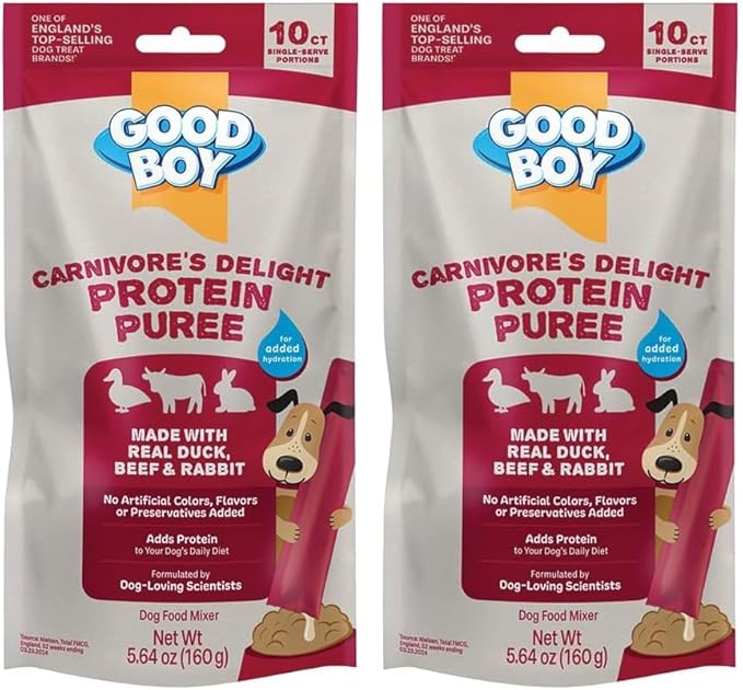 GOOD BOY Carnivore’s Delight Protein Purees Dog Food Mixers for All Adult Dogs, 10 Count, Easy Single-Serve Triple Flavor Topper Treats with Duck, Beef and Rabbit (Pack of 2)