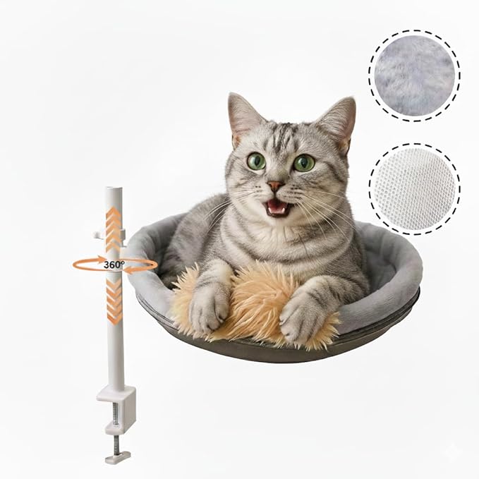 All Season Cat Perch with Catnip Pillow, Cat Desk Bed with 360° Rotation & Height Adjustment, 40LBS Capacity – Summer & Winter Washable & Removable Nests