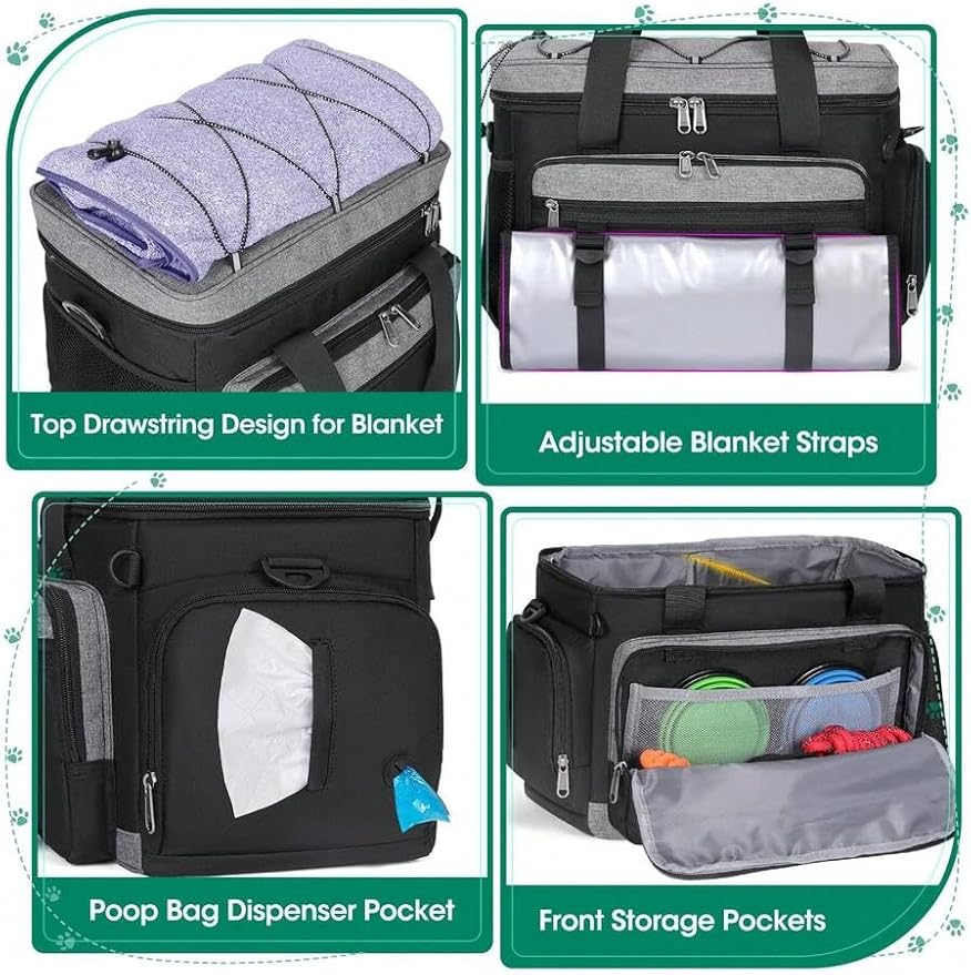 Premium Large Dog Travel Bag Weekend Pet Supplies Organizer Kit with 2 Extra Large Food Containers 2 Collapsible Bowls 1 Feeding Mat Multi Pocket (Black)