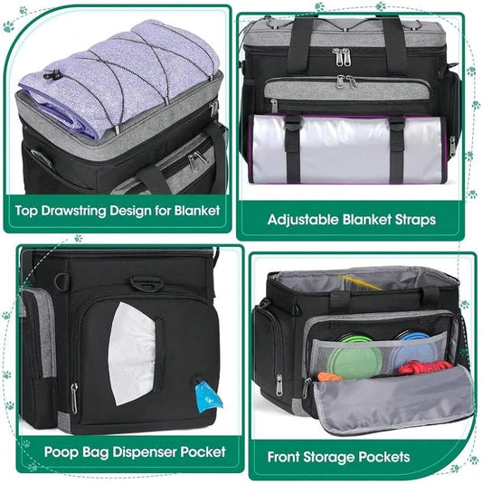 Premium Large Dog Travel Bag Weekend Pet Supplies Organizer Kit with 2 Extra Large Food Containers 2 Collapsible Bowls 1 Feeding Mat Multi Pocket (Black)
