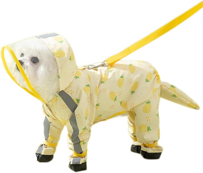 Waterproof Dog Raincoat,Full Coverage 4 Legs Dog Rain Jacket for Small Dogs,Pet Rain Coat with Hood,Reflective Strips&Leash Hole Outdoor Raincoat (Large（for Weight 8.8-11 lb）, Pineapple)