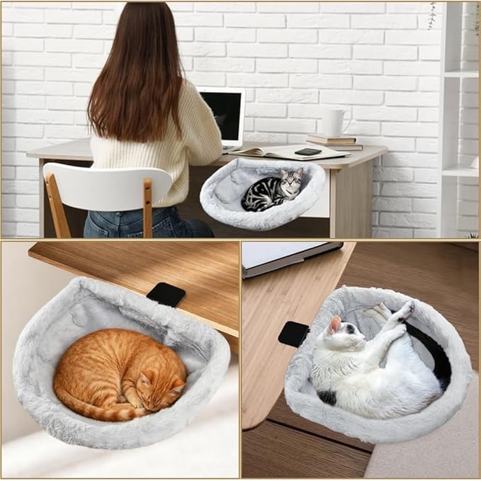 Cat Desk Bed for Remote Workers, 90° Foldable Washable Plush Cover Desk Perch Clamp, Sturdy Desktop Suspended Cat's Bed for Gaming Desks, Home Office, Maximum Hold Up to 40lb, Space-Saving