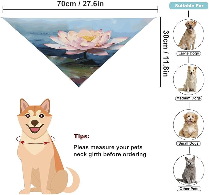 Dog Bandana Spring Pet Scarf Adjustable Triangle Lotus Flower Painting Printing Dog Bib Washable Polyester Puppy Bandana for Small Medium Large Dogs Cat Birthday Party Supplies
