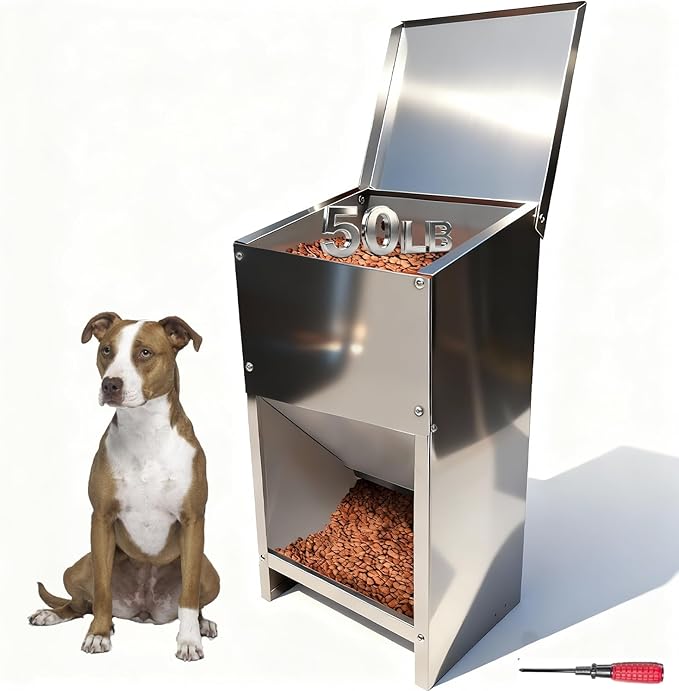Dog Food Feeder for Kibble - (Stainless Steel Natural Color Anti-Corrosion) - Automatic Food Dispenser Gravity Self Feeding Outdoor for Medium, Large Dog Breedss - 50Lbs New Upgrade
