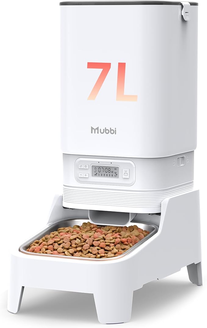 Automatic Cat Feeder, Elevated Automatic Dog Feeder, 7L Cat Food Dispenser, No-Jam, Up to 6 Meals for 2-15 mm Dry Food, Stainless Steel Bowl, No Spinal Pressure, Easy to Clean