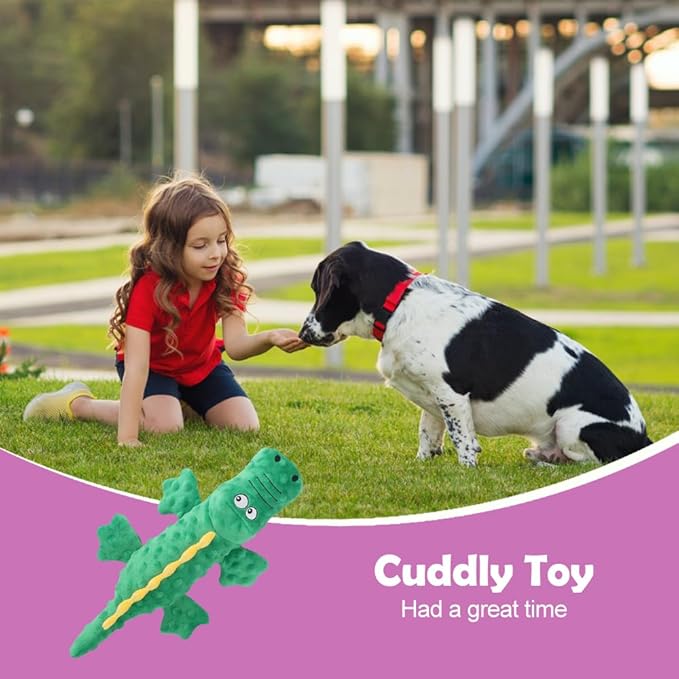 Indestructible Plush Dog Toy for Aggressive Chewers, Boredom Relief Squeaker Chew Toy with Double Fabric, Durable Crocodile Teething Toy for Large Medium Small Dogs (Blue)