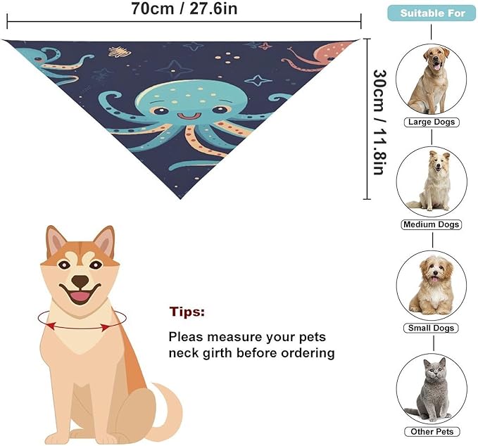 Dog Bandana Spring Pet Scarf Adjustable Triangle Cartoon Octopus Printing Dog Bib Washable Polyester Puppy Bandana for Small Medium Large Dogs Cat Birthday Party Supplies