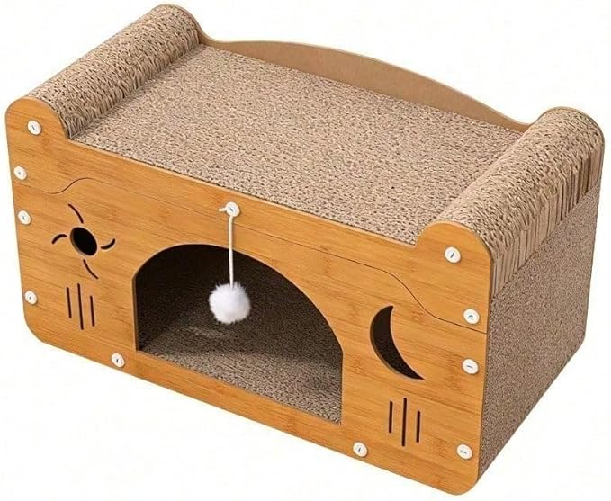 Multi-Function Cat Scratcher House Box,3-in-1 Scratch Pad and Soft Bed & Play Cave with Toys, Durable Build & Ideal for Cats/Kitty (Yellow,FX-SFXY)