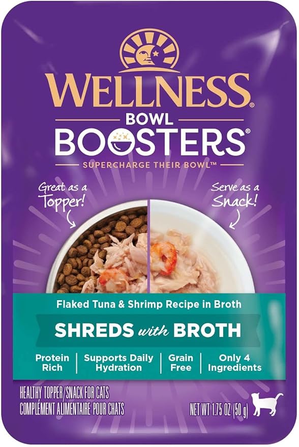 Wellness Bowl Boosters Wet Cat Food Topper, Grain Free, Natural, Flaked Tuna & Shrimp Recipe in Broth, 1.75 Ounce Pouch (Pack of 12)