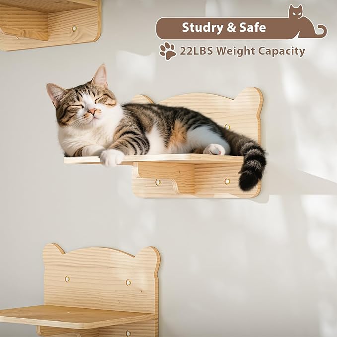 LEMBERI Cat Wall Shelves, Wooden Feline Furniture, 9 Pcs Set Wall Mounted Cat Shelves with Bed, House, Steps, Bridge Ladder and Scratching Post for Indoor Climbing, Sleeping, Playing