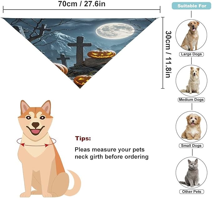 Dog Bandana Spring Pet Scarf Adjustable Triangle Cemetery Pumpkin Lantern Printing Dog Bib Washable Polyester Puppy Bandana for Small Medium Large Dogs Cat Birthday Party Supplies