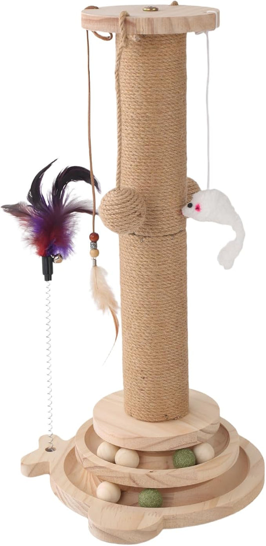 Cat Scratching Post, 4 in 1 Wooden Cat Scratcher Toy, 17.7" Tall Scratch Post with 2 Level Cat Track Balls, Interactive Feather Toy and 2 Sisal Hanging Balls for Indoor Kittens, Adult Cats