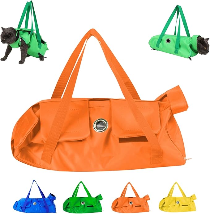 Cat Restraint Bag, Scratch-Resistant Nylon Cat Grooming Bag with Zipper & Paste Tape, Adjustable Multifunctional Cats Carry Bag for Administering Eye Drops, Ear Cleaner, Clipping Nails (Orange_M)