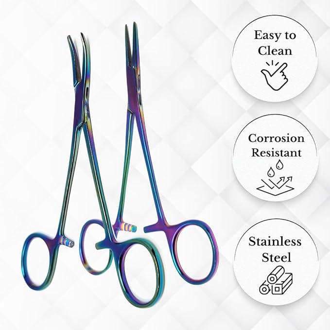 HTI Set of 2 Pcs Dog Cat Pet Hair Puller Remover Stainless Steel Hemostat Locking Forceps 5.5" Straight and Curved Full Serrated (Multicolor)