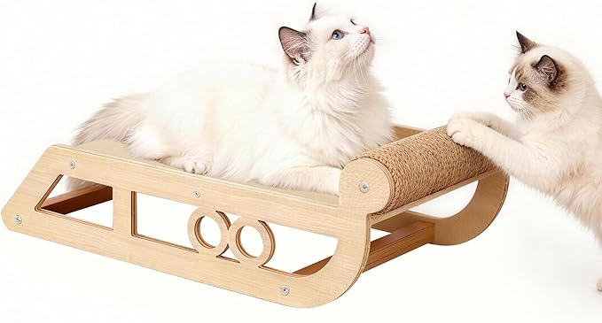 Cat Scratching Post with Cozy Bed, Sled Shaped Wooden Cat Bed for Indoor Cats,Small Dogs and Rabbits, Side Cat Scratching Post with Perch, Durable Cat Activity Furniture for Kittens & Large Cats