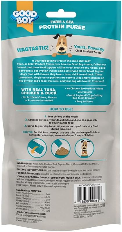 Good Boy Farm & Sea Protein Purees Dog Food Mixers for All Adult Dogs, 10 Count, Easy Single-Serve Triple Flavor Topper Treats with Tuna, Chicken and Duck