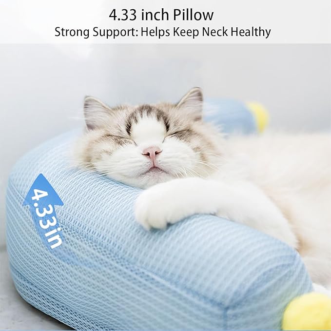 All-Season Ice Fabric Cat Bed with Cushioned Pillow/Play Ball/Washable Mat for Cats, Kittens & Small Pets (Blue, 21"x15"x4")