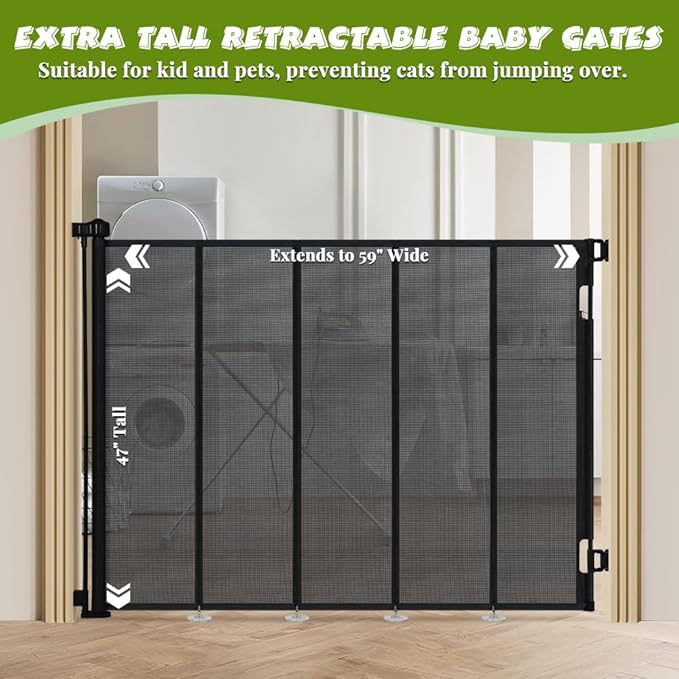 47" Extra Tall Retractable Baby Gates, Extends to 59" Wide, ExtraTall Retractable Safety Gate with Reinforced Strips, Retractable Tall Dog Gates for Doorways Mesh Baby Pet Gates Indoor, Black